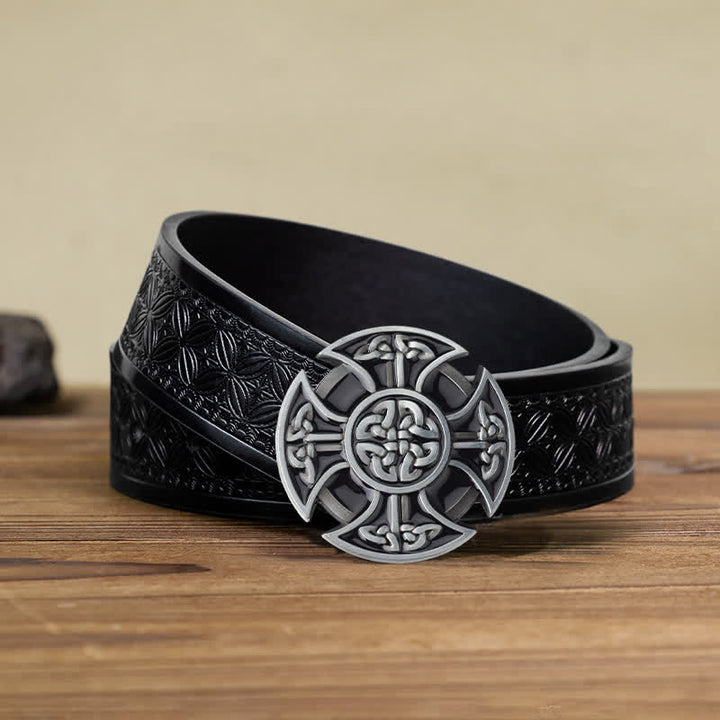 Men's DIY Viking Celtic Cross Knot Buckle Leather Belt - Celtic Cross - Black Embossed Weave Belt (40) - image 5