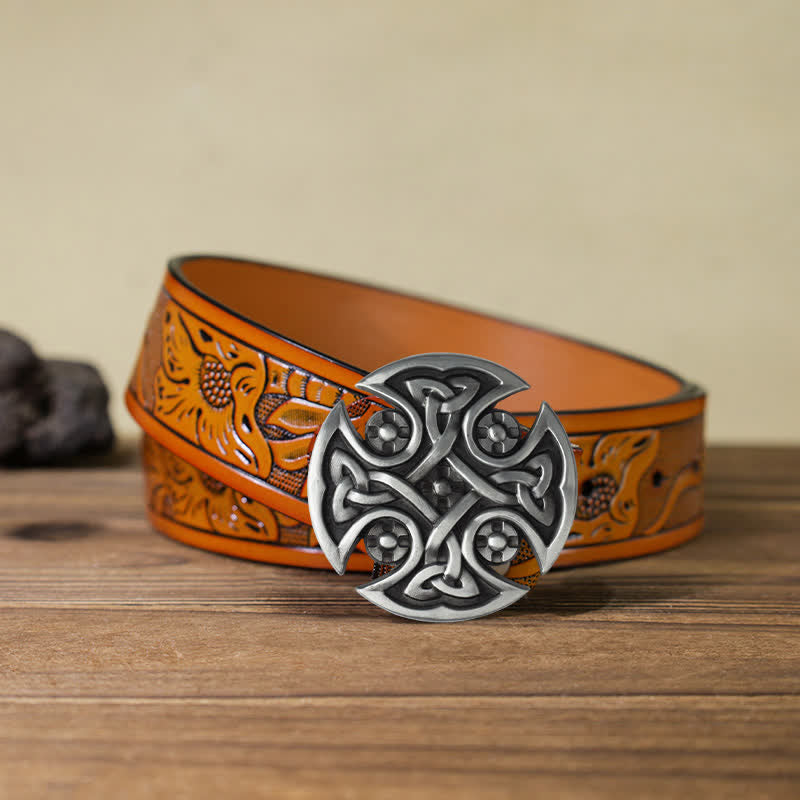 Men's DIY Viking Celtic Cross Knot Buckle Leather Belt - Celtic Knot - Orange Carved Belt (40) - image 18