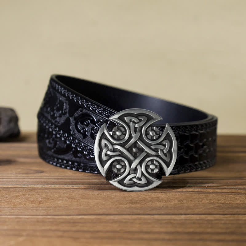 Men's DIY Viking Celtic Cross Knot Buckle Leather Belt - Celtic Knot - Black Carved Belt (40) - image 15
