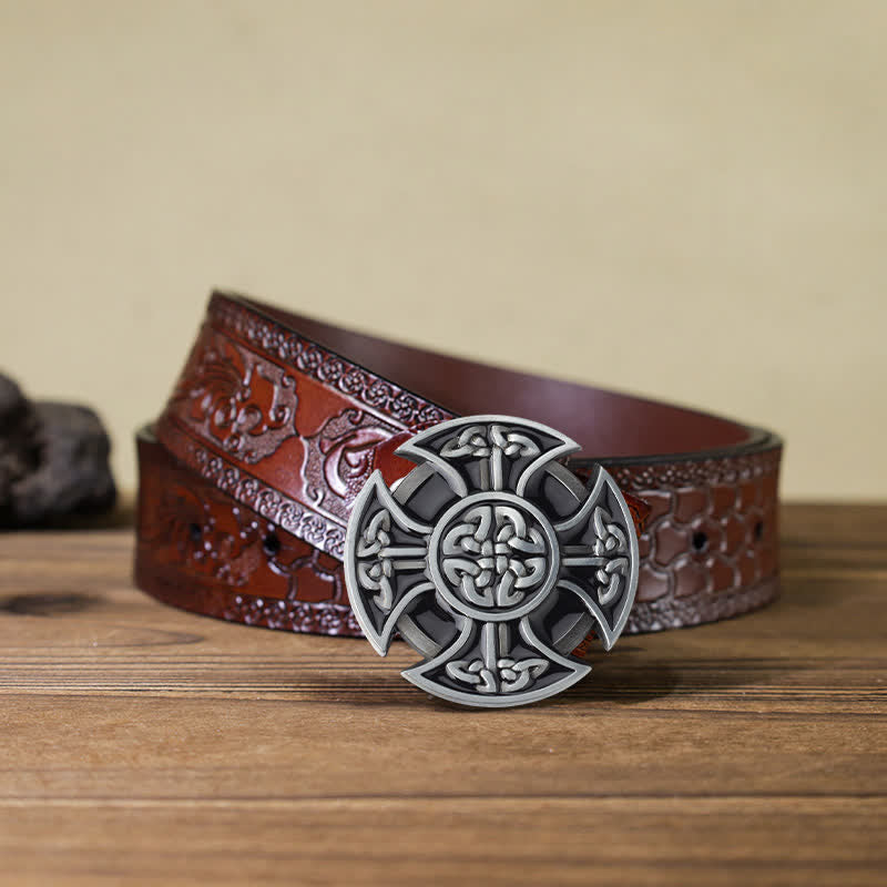 Men's DIY Viking Celtic Cross Knot Buckle Leather Belt - Celtic Cross - Brown Carved Belt (40) - image 7