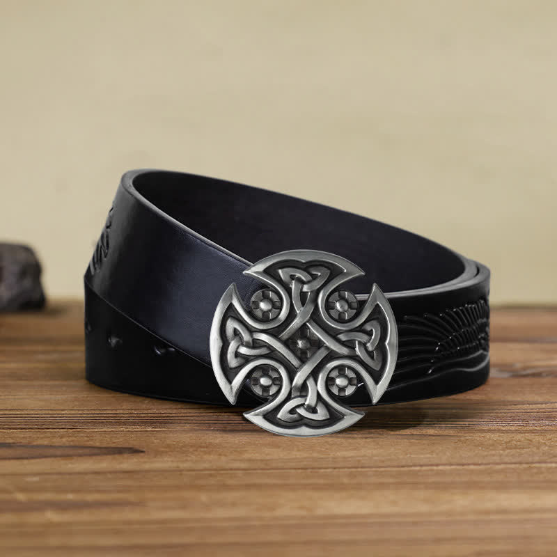 Men's DIY Viking Celtic Cross Knot Buckle Leather Belt - Celtic Knot - Black Embossed Eagle Belt (40) - image 13