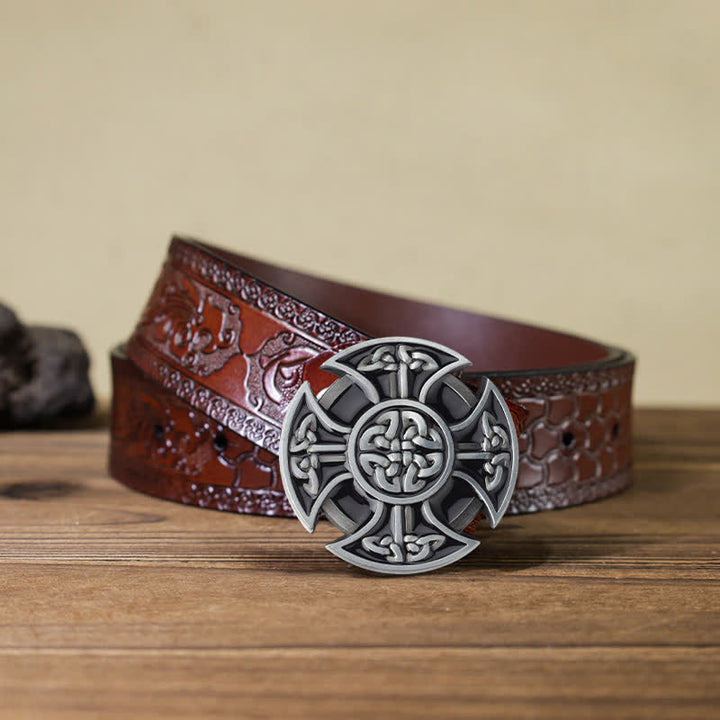 Men's DIY Viking Celtic Cross Knot Buckle Leather Belt - Celtic Cross - Brown Carved Belt (40) - image 7