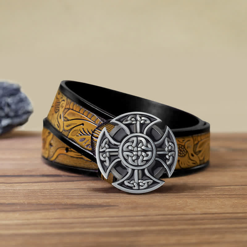 Men's DIY Viking Celtic Cross Knot Buckle Leather Belt - Celtic Cross - SandyBrown Belt (40) - image 8
