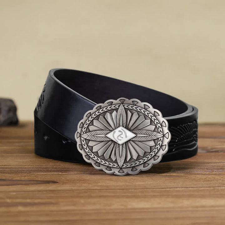 Men's DIY Indian Tribal Cross Totem Buckle Leather Belt - White - Black Embossed Eagle Belt (40) - image 21
