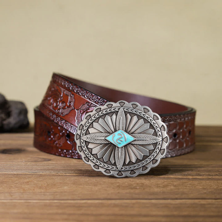 Men's DIY Indian Tribal Cross Totem Buckle Leather Belt - Sky Blue - Brown Carved Belt (40) - image 7
