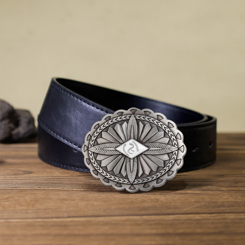 Men's DIY Indian Tribal Cross Totem Buckle Leather Belt - White - Black PU Belt (40) - image 20