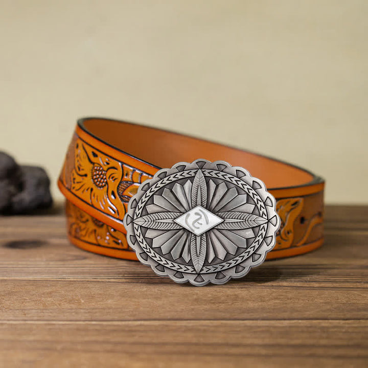 Men's DIY Indian Tribal Cross Totem Buckle Leather Belt - White - Orange Carved Belt (40) - image 26