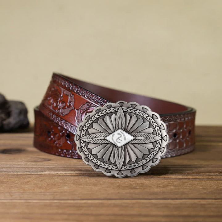 Men's DIY Indian Tribal Cross Totem Buckle Leather Belt - White - Brown Carved Belt (40) - image 24