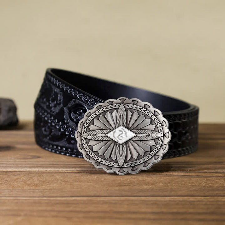 Men's DIY Indian Tribal Cross Totem Buckle Leather Belt - White - Black Carved Belt (40) - image 23