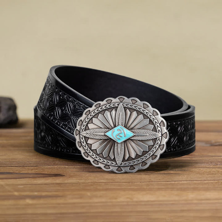 Men's DIY Indian Tribal Cross Totem Buckle Leather Belt - Sky Blue - Black Embossed Weave Belt (40) - image 5