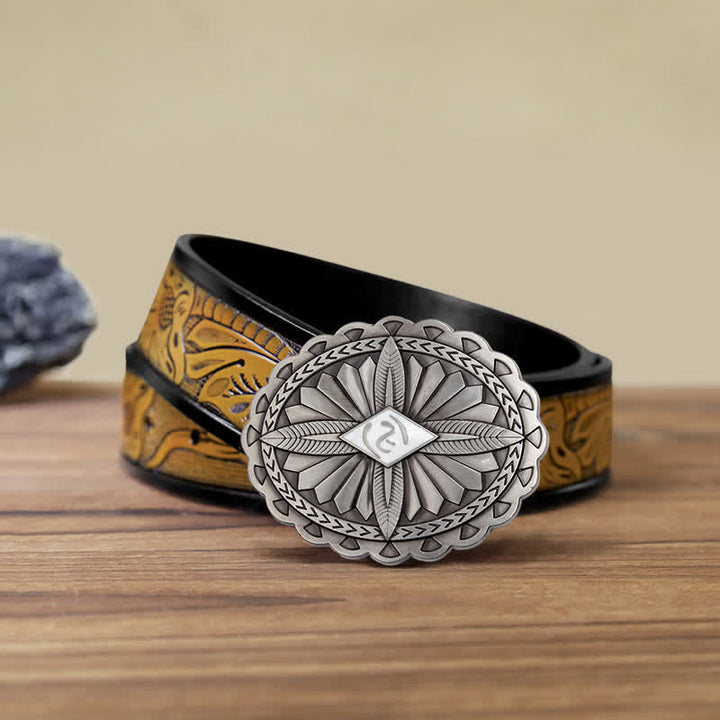 Men's DIY Indian Tribal Cross Totem Buckle Leather Belt - White - SandyBrown Belt (40) - image 25