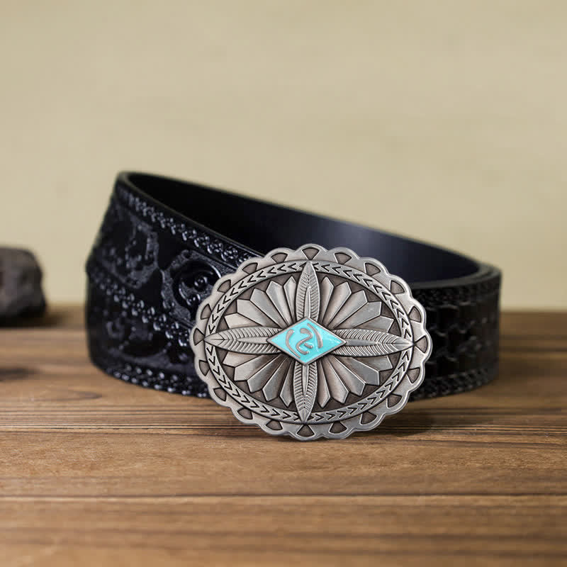 Men's DIY Indian Tribal Cross Totem Buckle Leather Belt - Sky Blue - Black Carved Belt (40) - image 6