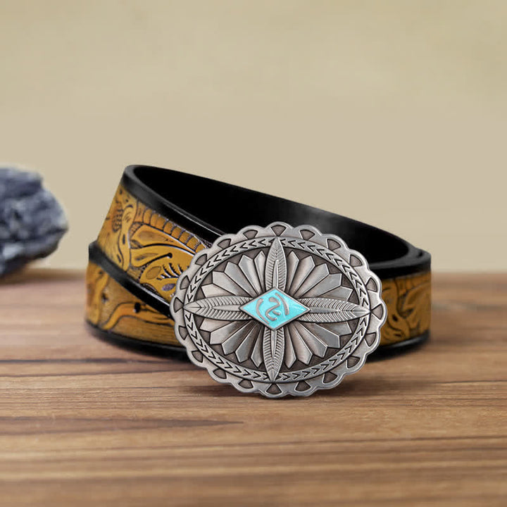 Men's DIY Indian Tribal Cross Totem Buckle Leather Belt - Sky Blue - SandyBrown Belt (40) - image 8