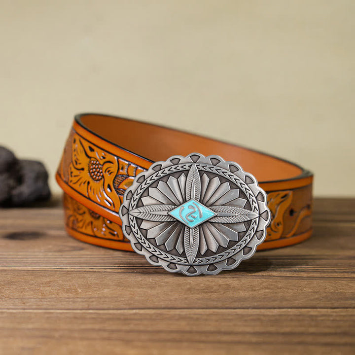 Men's DIY Indian Tribal Cross Totem Buckle Leather Belt - Sky Blue - Orange Carved Belt (40) - image 9