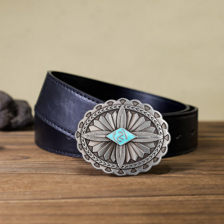 Men's DIY Indian Tribal Cross Totem Buckle Leather Belt - Sky Blue - Black PU Belt (40) - image 3