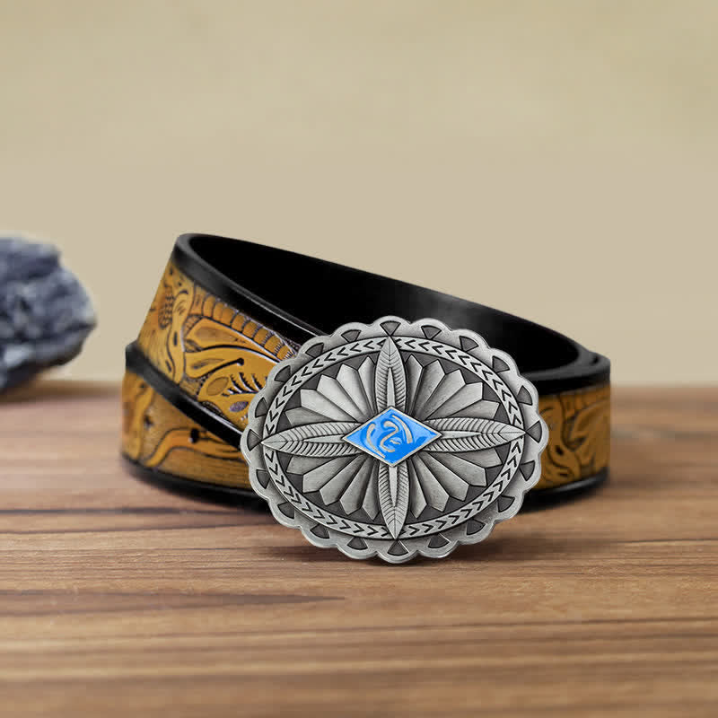Men's DIY Indian Tribal Cross Totem Buckle Leather Belt - Blue - SandyBrown Belt (40) - image 17