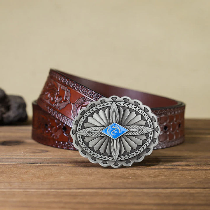 Men's DIY Indian Tribal Cross Totem Buckle Leather Belt - Blue - Brown Carved Belt (40) - image 16