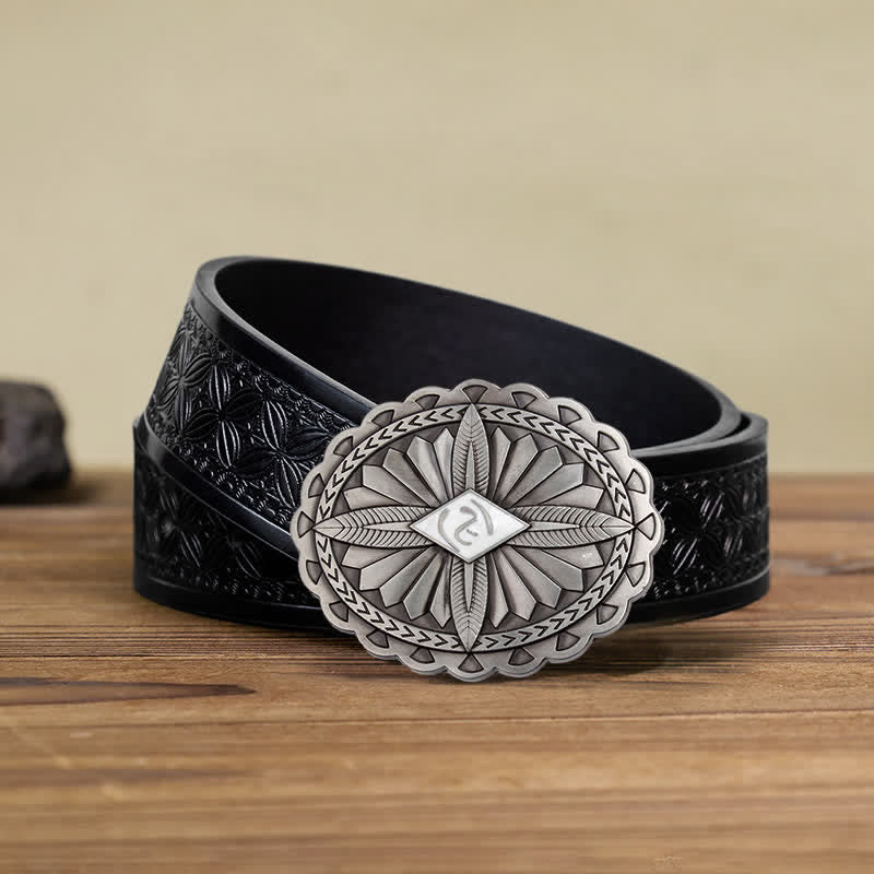 Men's DIY Indian Tribal Cross Totem Buckle Leather Belt - White - Black Embossed Weave Belt (40) - image 22