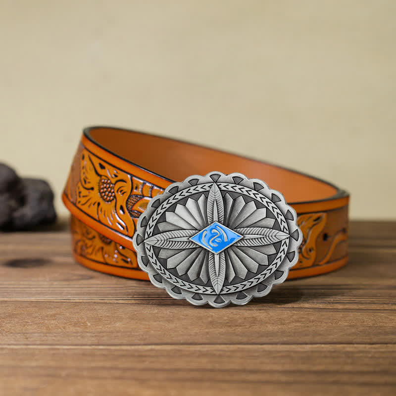 Men's DIY Indian Tribal Cross Totem Buckle Leather Belt - Blue - Orange Carved Belt (40) - image 18