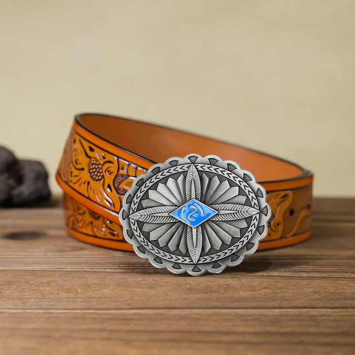 Men's DIY Indian Tribal Cross Totem Buckle Leather Belt - Blue - Orange Carved Belt (40) - image 18