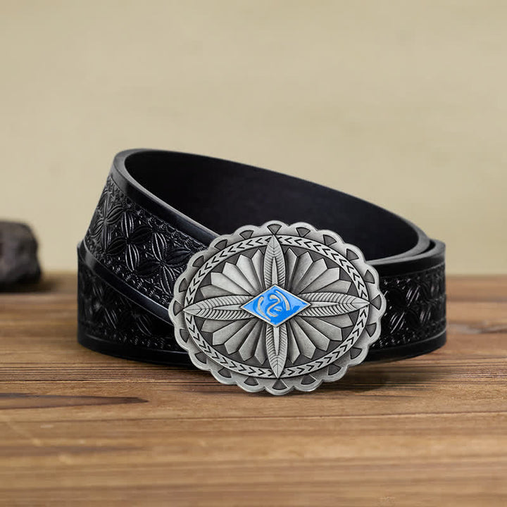 Men's DIY Indian Tribal Cross Totem Buckle Leather Belt - Blue - Black Embossed Weave Belt (40) - image 14