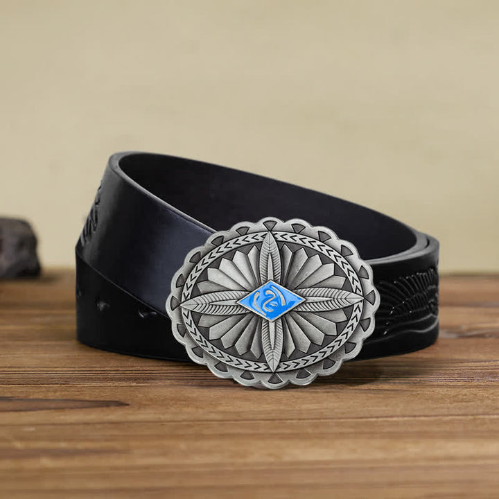 Men's DIY Indian Tribal Cross Totem Buckle Leather Belt - Blue - Black Embossed Eagle Belt (40) - image 13