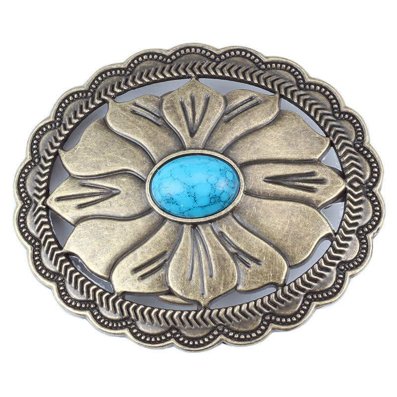 Men's DIY Turquoise Inlaid Floral Buckle Leather Belt - image 1