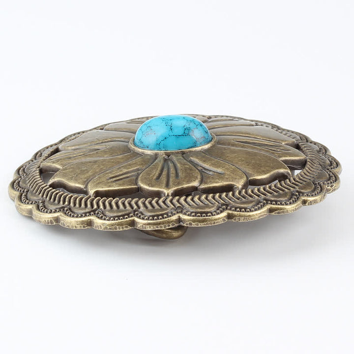 Men's DIY Turquoise Inlaid Floral Buckle Leather Belt - image 2