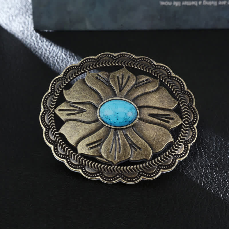 Men's DIY Turquoise Inlaid Floral Buckle Leather Belt - Bronze - Without Belt - image 0