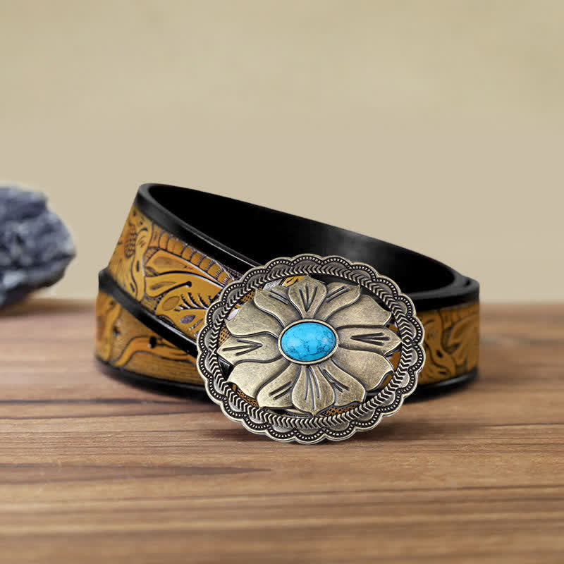 Men's DIY Turquoise Inlaid Floral Buckle Leather Belt - Bronze - SandyBrown Belt (40) - image 10