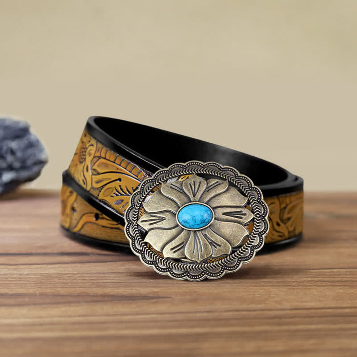 Men's DIY Turquoise Inlaid Floral Buckle Leather Belt - Bronze - SandyBrown Belt (40) - image 10