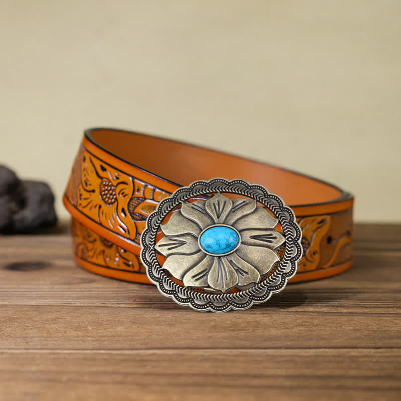 Men's DIY Turquoise Inlaid Floral Buckle Leather Belt - Bronze - Orange Carved Belt (40) - image 11