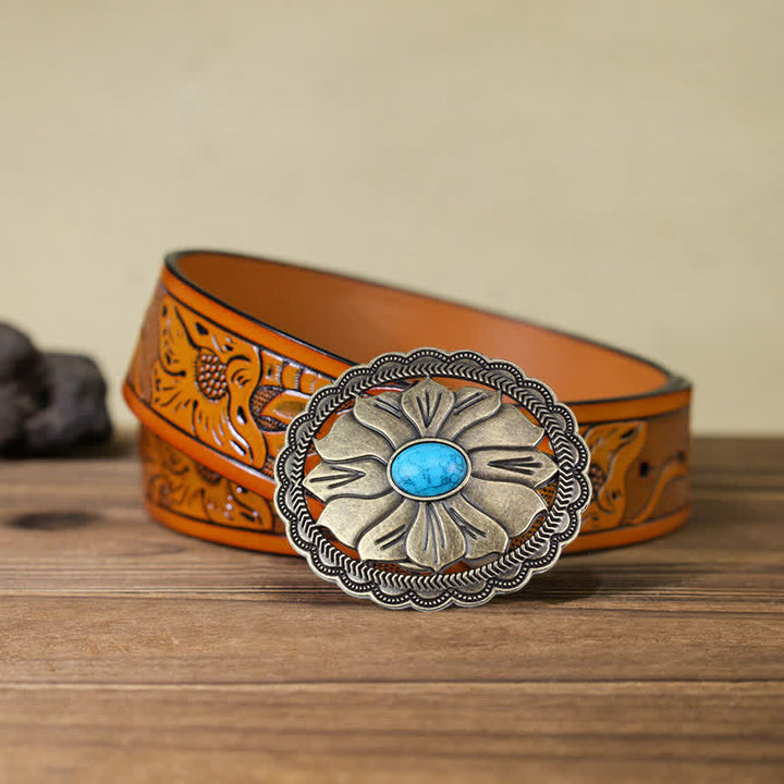 Men's DIY Turquoise Inlaid Floral Buckle Leather Belt - Bronze - Orange Carved Belt (40) - image 11