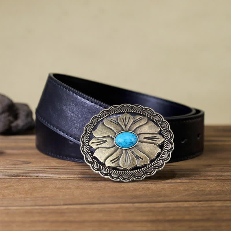 Men's DIY Turquoise Inlaid Floral Buckle Leather Belt - Bronze - Black PU Belt (40) - image 5