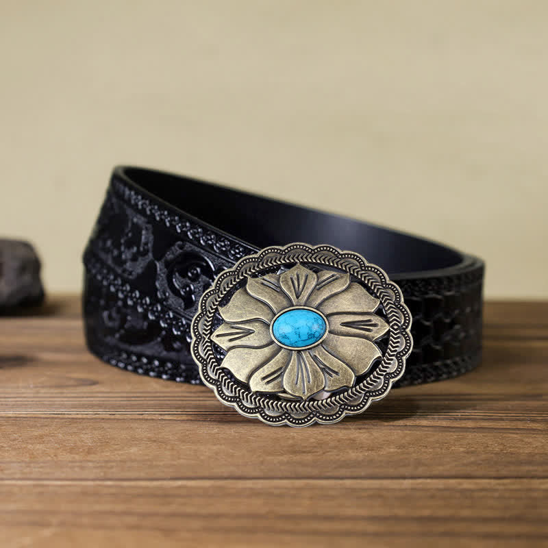 Men's DIY Turquoise Inlaid Floral Buckle Leather Belt - Bronze - Black Carved Belt (40) - image 8