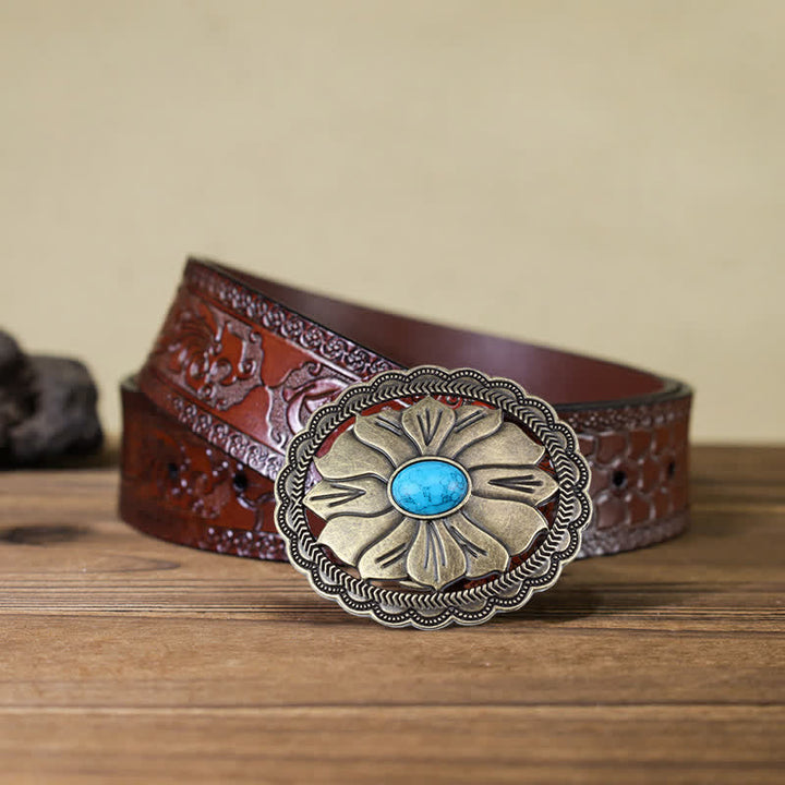 Men's DIY Turquoise Inlaid Floral Buckle Leather Belt - Bronze - Brown Carved Belt (40) - image 9