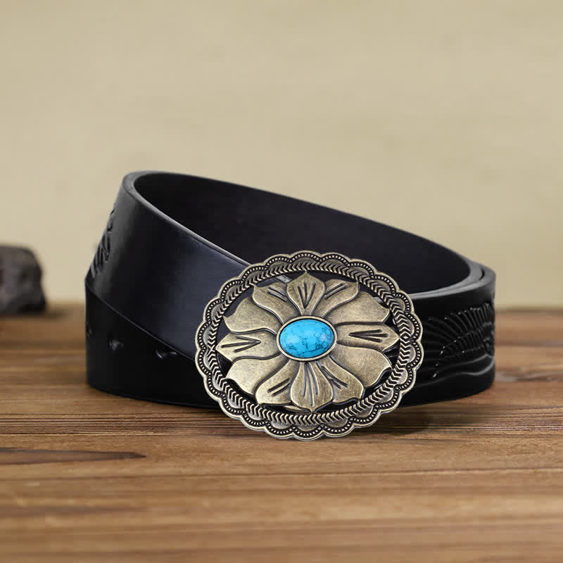 Men's DIY Turquoise Inlaid Floral Buckle Leather Belt - Bronze - Black Embossed Eagle Belt (40) - image 6