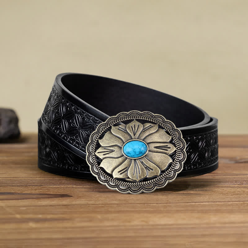 Men's DIY Turquoise Inlaid Floral Buckle Leather Belt - Bronze - Black Embossed Weave Belt (40) - image 7