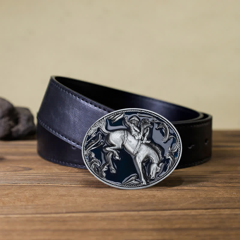 Men's DIY Blue Enamel Horse Riding Buckle Leather Belt - Horse Riding - Black PU Belt (40) - image 6