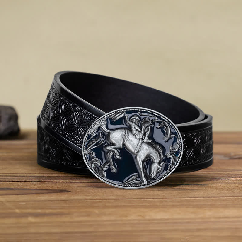 Men's DIY Blue Enamel Horse Riding Buckle Leather Belt - Horse Riding - Black Embossed Weave Belt (40) - image 8