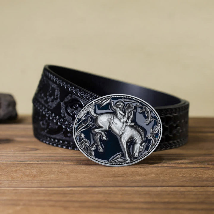 Men's DIY Blue Enamel Horse Riding Buckle Leather Belt - Horse Riding - Black Carved Belt (40) - image 9