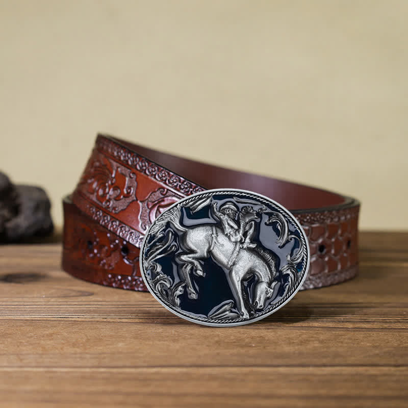 Men's DIY Blue Enamel Horse Riding Buckle Leather Belt - Horse Riding - Brown Carved Belt (40) - image 10