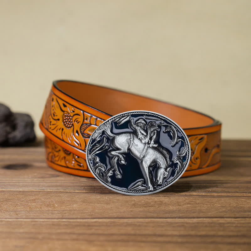 Men's DIY Blue Enamel Horse Riding Buckle Leather Belt - Horse Riding - Orange Carved Belt (40) - image 12