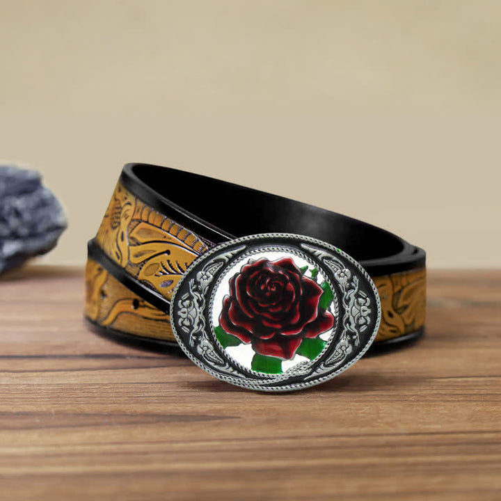 Men's DIY Western Colorful Rose Buckle Leather Belt - Rose - SandyBrown Belt (40) - image 10
