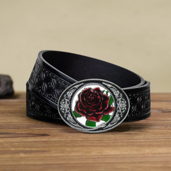 Men's DIY Western Colorful Rose Buckle Leather Belt - Rose - Black Embossed Weave Belt (40) - image 7