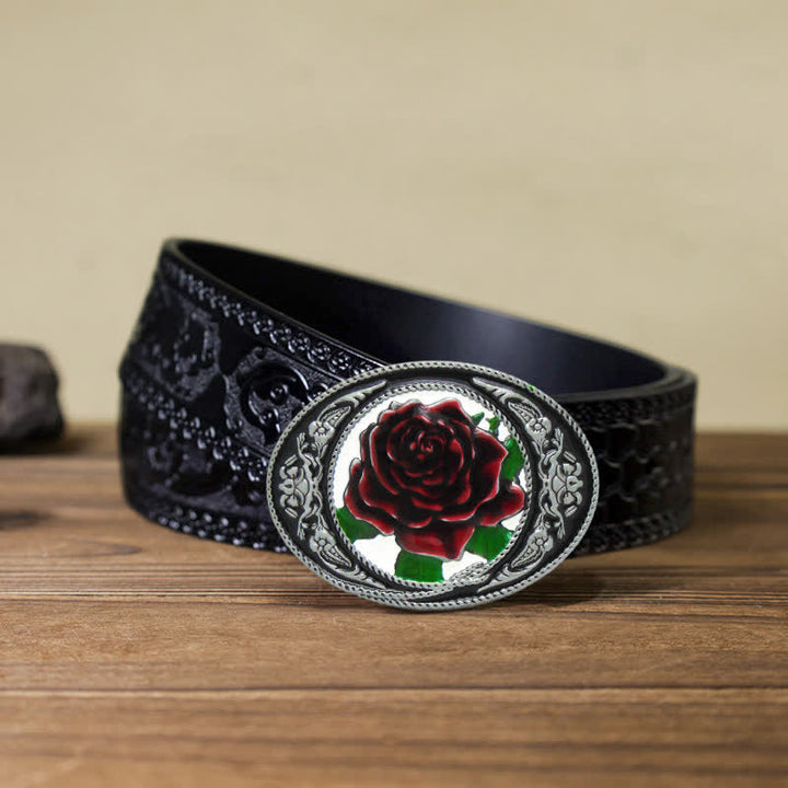Men's DIY Western Colorful Rose Buckle Leather Belt - Rose - Black Carved Belt (40) - image 8