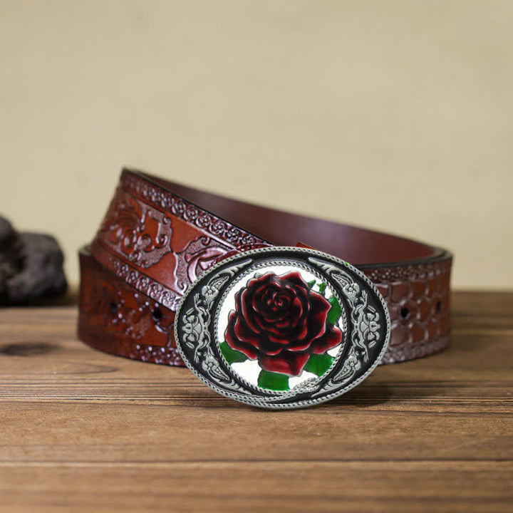 Men's DIY Western Colorful Rose Buckle Leather Belt - Rose - Brown Carved Belt (40) - image 9