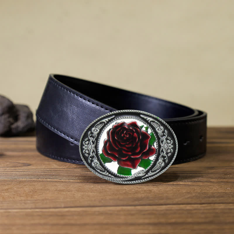 Men's DIY Western Colorful Rose Buckle Leather Belt - Rose - Black PU Belt (40) - image 5