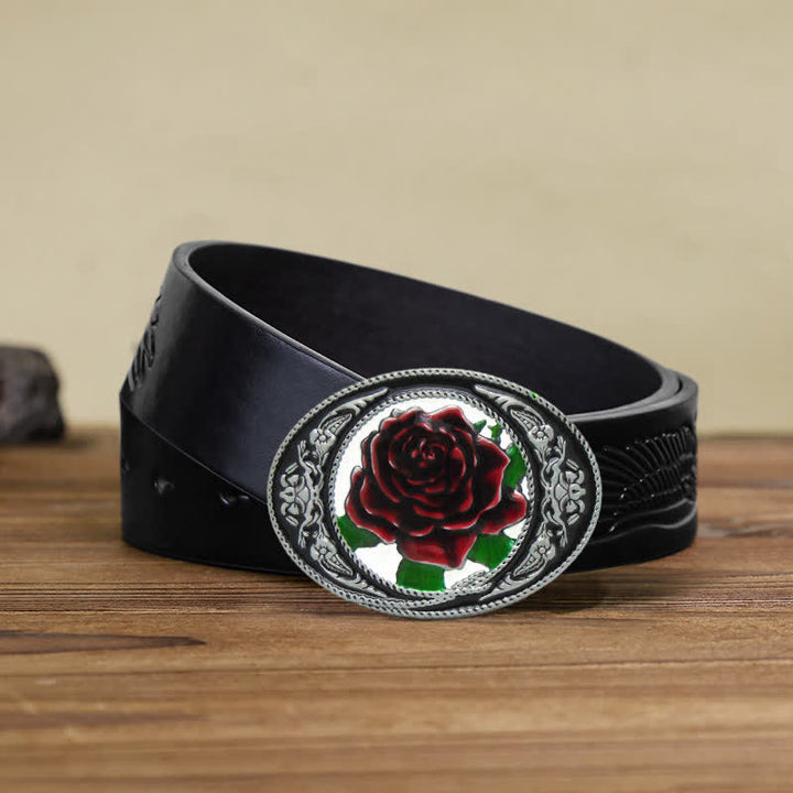 Men's DIY Western Colorful Rose Buckle Leather Belt - Rose - Black Embossed Eagle Belt (40) - image 6