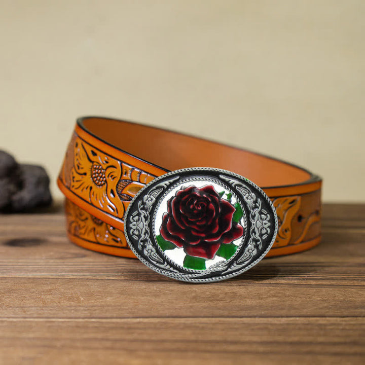 Men's DIY Western Colorful Rose Buckle Leather Belt - Rose - Orange Carved Belt (40) - image 11